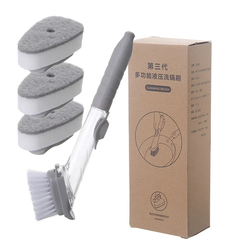 Brosse de cuisine 2 en 1 avec manche long et distributeur de savon