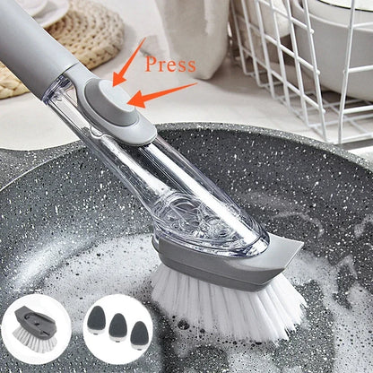 Brosse de cuisine 2 en 1 avec manche long et distributeur de savon